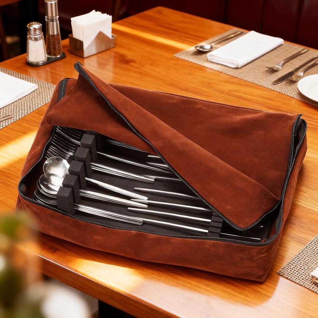 Zippered Flatware Storage Drawer Liner Silverware Storage Bag Tarnish Preventative Silver Organizer Cutlery Case Container Box Large Capacity Silverware Chest 15.75" x 11.02" x 3.94" (Brown)