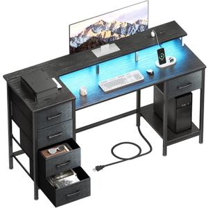 47 Inch Computer Gaming Desk with Power Outlets & LED Lights Reversible Home Office Desk with Adjustable 5 Fabric Storage Drawers for Working Writing Study, Black