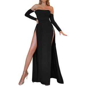 GORGLITTER Women's Off Shoulder Bodycon Maxi Dress High Slit Long Sleeve Club Flowy Long Dresses Wedding Guest Dress Fall (Large, Black)