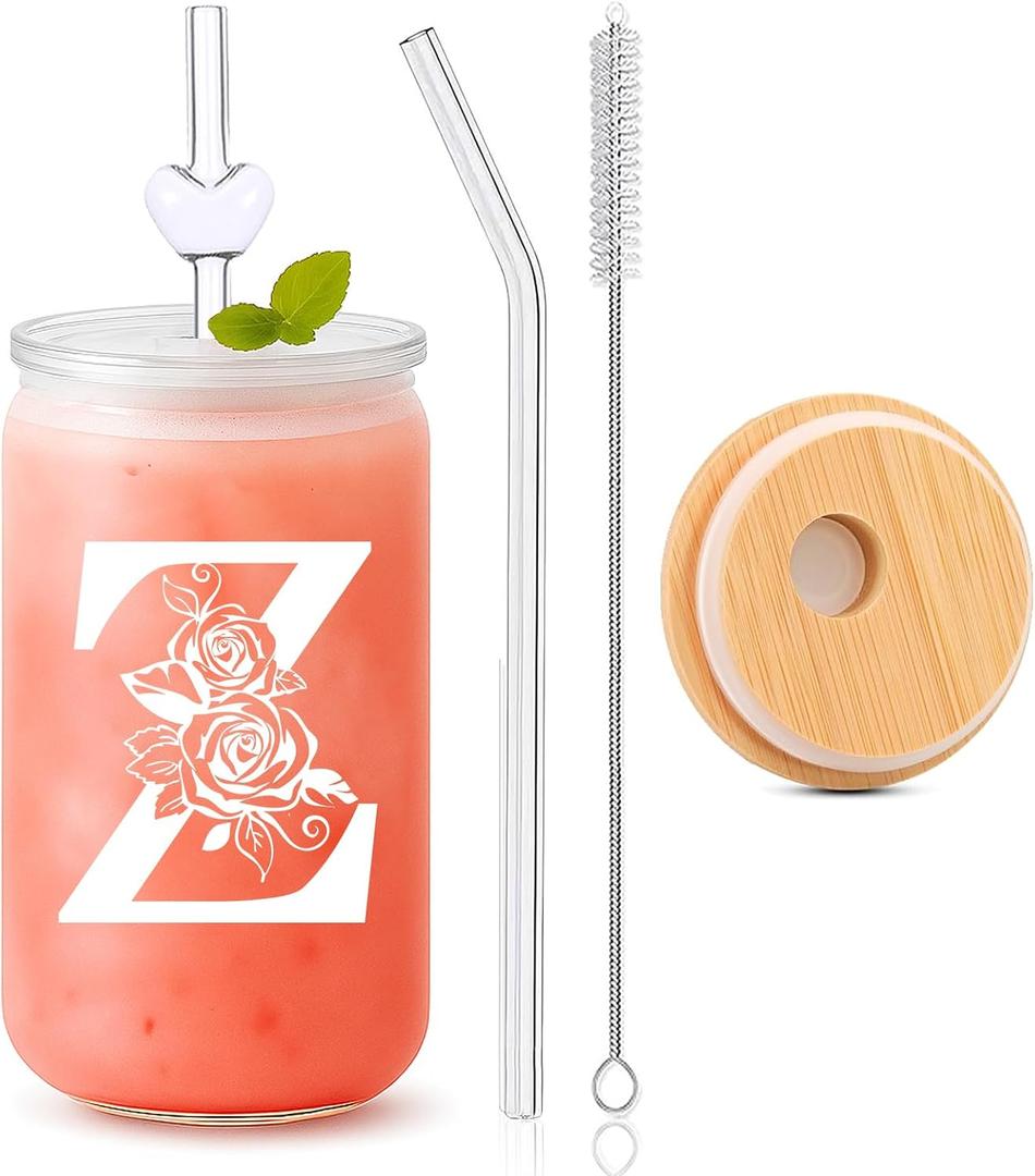 Custom Cups for Women  16oz Monogrammed Glass Tumbler with Lid & StrawPersonalized Cups with Names, Personalized Birthday Gift for Her, Coworker, Bachelorette Party,Christmas-Z