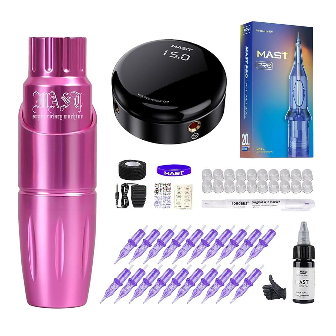 Mast Tour Tattoo Kit Tattoo Pen Kit Complete with Rotary Tattoo Machine for Beginners 20 Pro Cartridges Needles Full Tattoo Accessories(Pink)