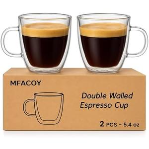 Mfacoy Glass Double Wall Insulated Espresso Cups (Set of 2), 5.4 oz Shots Cup with Handle, Insulated Glasses Mugs, Small Coffee Cups, Shot Glass