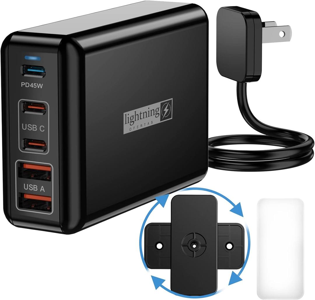 Fast Charger USB C 100W, 5 Ports Charging Blocks Ultra Thin Flat Plug, USB Charging Hub with 360 Rotated Adhesive Punch-Free Holder, Charging Station for Laptops, Tablets, Cellphones Stuff