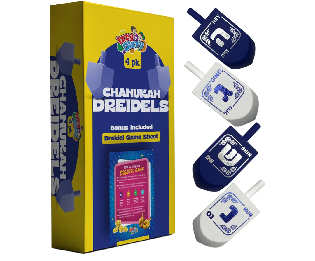 Izzy 'n' Dizzy Hanukkah Dreidels - Blue and White Wooden Dreidel - 4 Pack Medium - Hand Painted - Game Instructions Included Pack of 3
