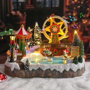 VCUTEKA Christmas Village Houses, Rotating Ferris Wheel with Kids Skating and Carousel Lighted Musical Christmas Village Collectible Building for Xmas Indoor Decorations or Holiday Table Displays