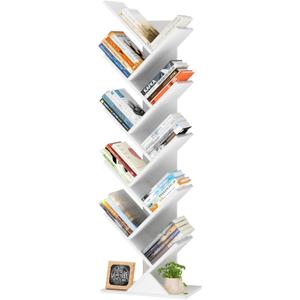 SHEEPAM 10 Tier Tree Book Shelf, Floor Standing Wood Bookshelf for Narrow Space, Storage Organizer Bookshelves for Books/ CDs/ Magazine, Bookcase with Shelves for Home Office, Living Room - White