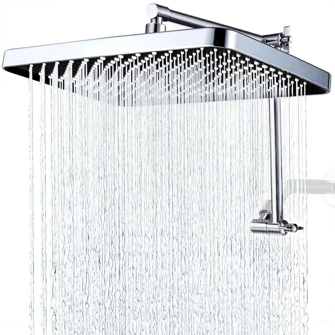 13 Inches Rain Shower Head with Extension Arm, Luxury Rainfall Showerhead, 16 Inch Metal Adjustable Arm Extender with Lock Joints (Chrome)