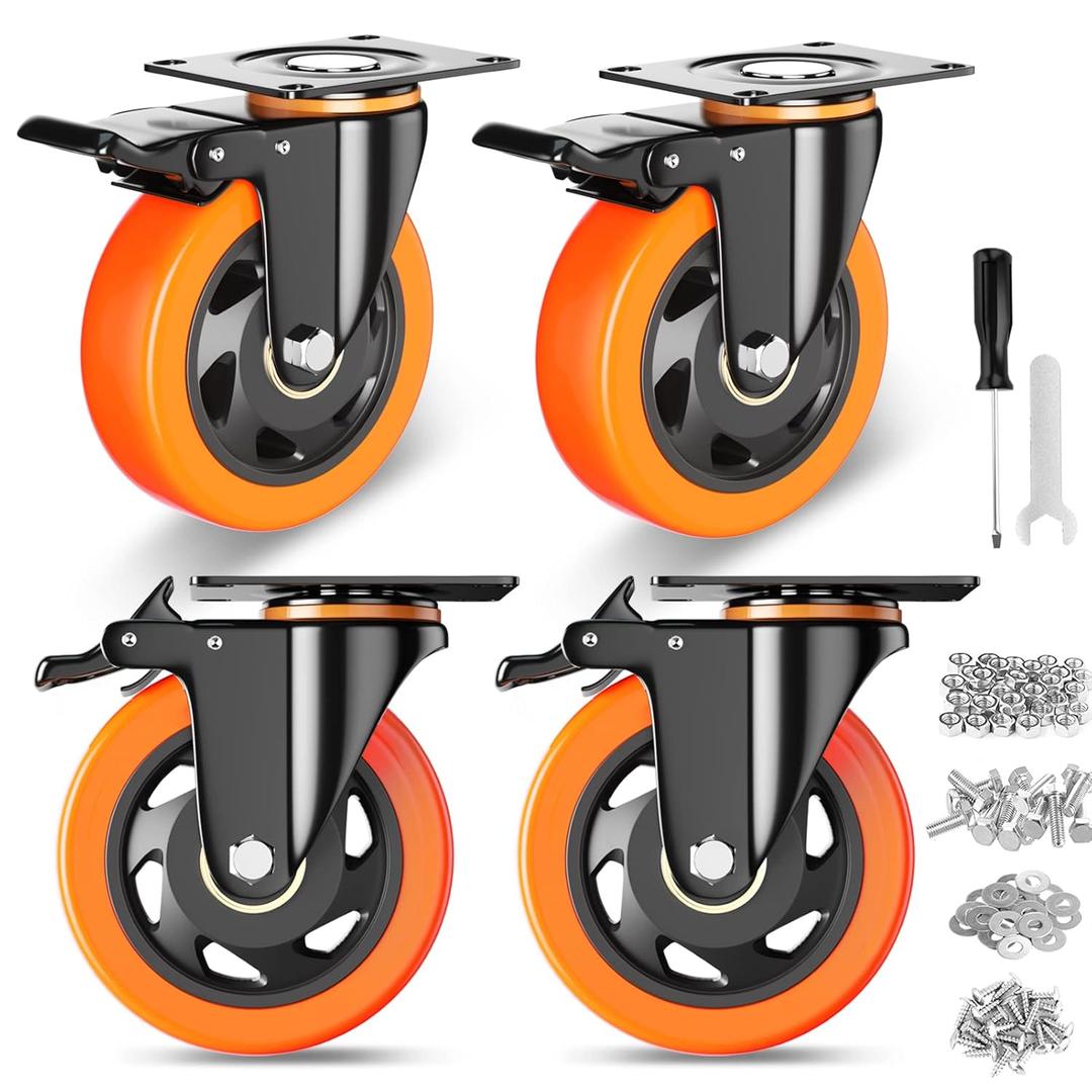 4 Inch Caster Wheels, Casters Set of 4, Heavy Duty Casters with Brake 2200 Lbs, Locking Industrial Swivel Top Plate Casters Wheels for Furniture and Workbench Cart,(Two Hardware Kits Include)