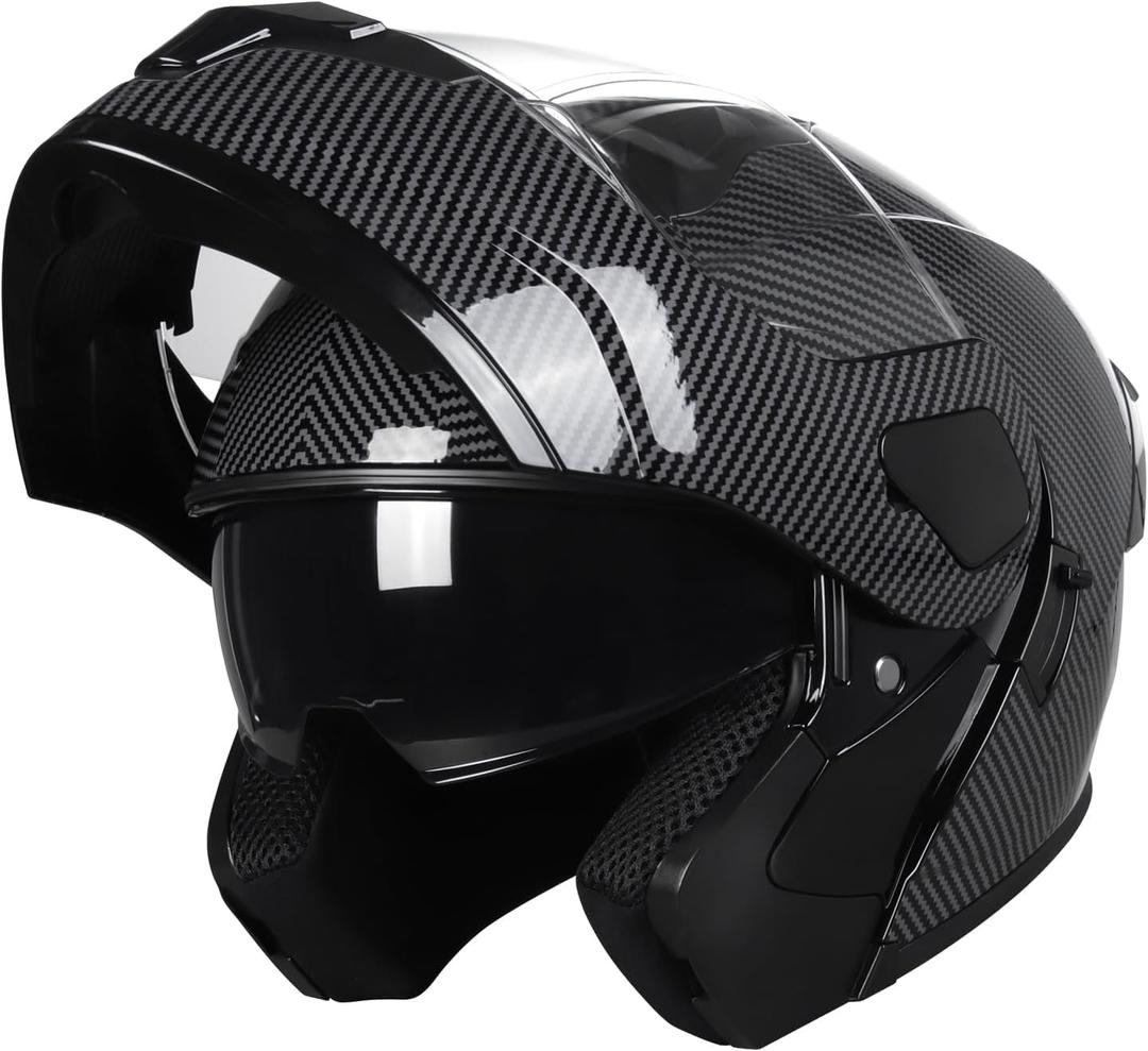 SPARK DOT Approved Modular Flip-Up Dual Visor Motorcycle Full Face Helmet for Adults Men & Women (Carbon Fiber, Medium)