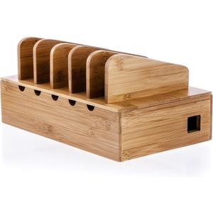Prosumer's Choice Wooden Charging Station Organizer - 5-Port Base for Phones, Tablets and Laptops - Multi-Device Docking Station with Removable Divider Slots - Cord Box with Cable Management - Bamboo (Natural Bamboo)