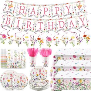 Teenyyou 148 Pcs Wildflower Party Decorations Flower Happy Birthday Baby Shower Banner Disposable Tablecloths Plates Cups Napkins Forks Spoons Floral Party Decor for Spring Birthday Decorations