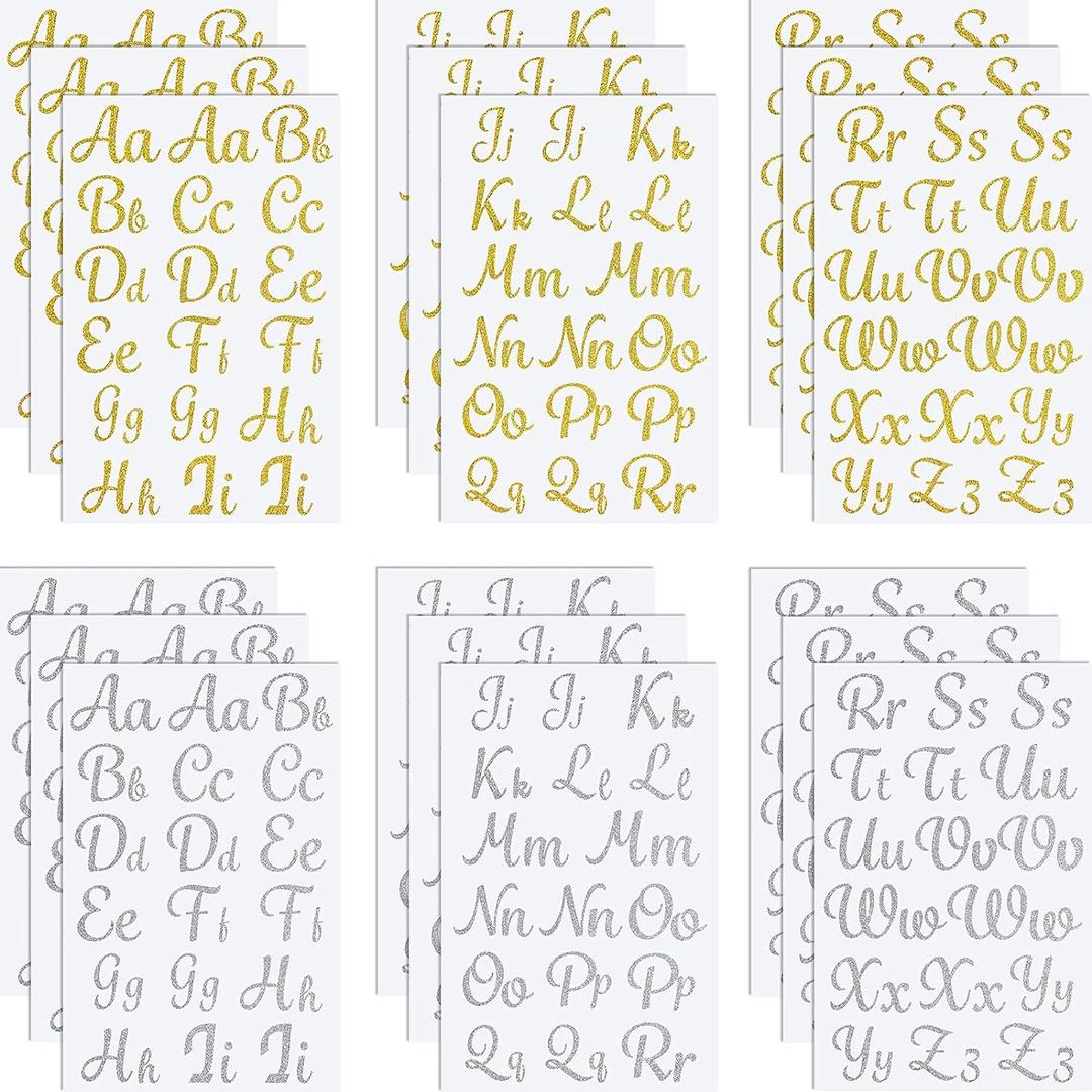 18 Sheet Iron Letters Iron on Letters Cursive Heat Transfer Letters for T Shirts Clothing Stockings Printing Craft Decoration (Golden, Silver)