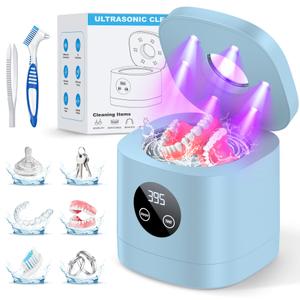 TEBAL Ultrasonic Retainer Cleaner Machine, Ultrasonic Denture Cleaner for Night Guards, Braces, Toothbrush Heads, Jewelry and More, Ultrasonic Cleaner with 250ML White-Grey
