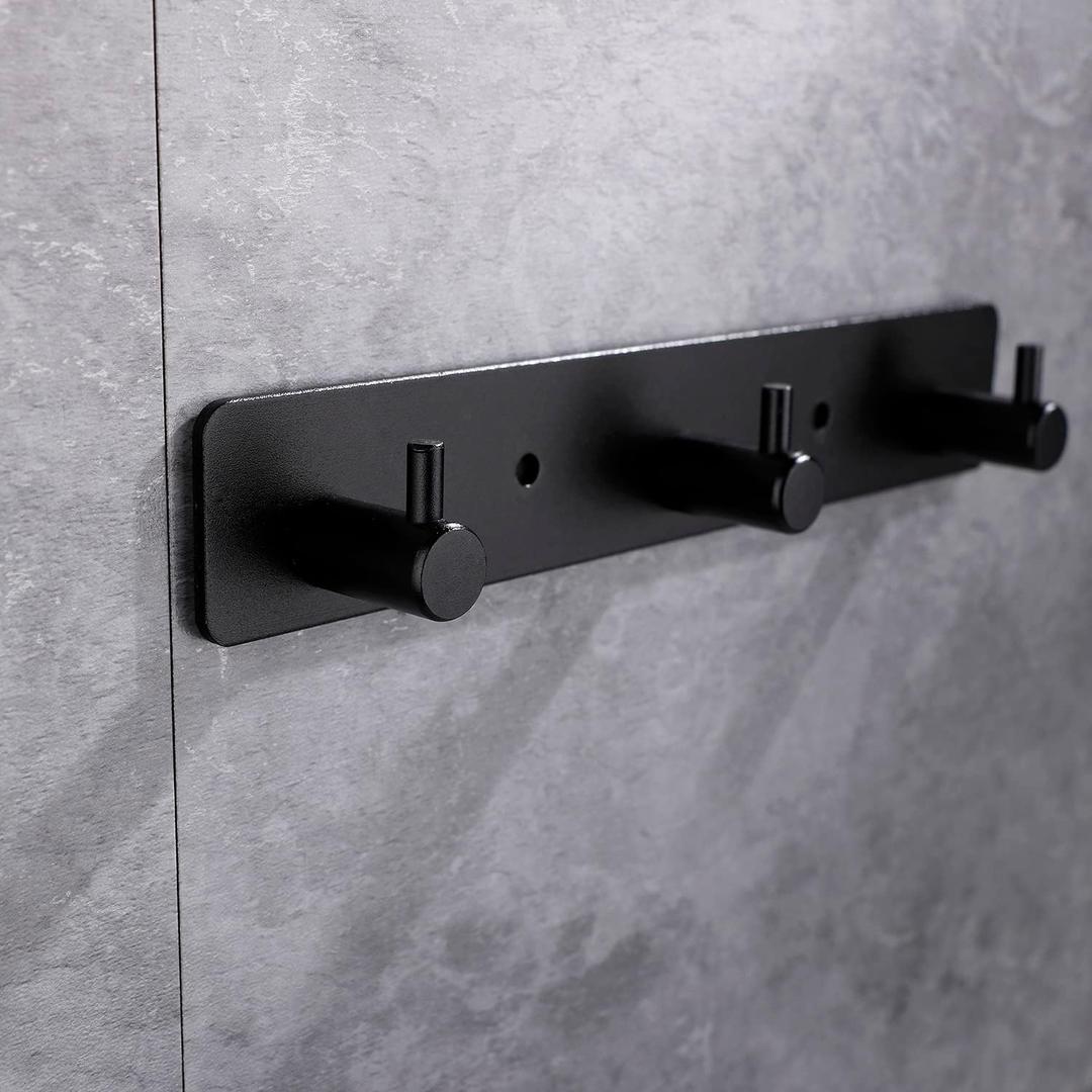 Adhesive Bathroom Black Hook Rail, 3 Matte Black Wall Key Hooks Rack Hanger Towel Robe Stick Door Hooks for Bathroom Toilet Entryway Hallway Kitchen Wall Mounted