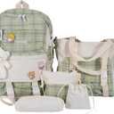 5Pcs Canvas School Backpack Combo Set with Kawaii Bear Pendant Cute Pins Plaid Check Handle Shoulder Bag Schoolbag (Green)
