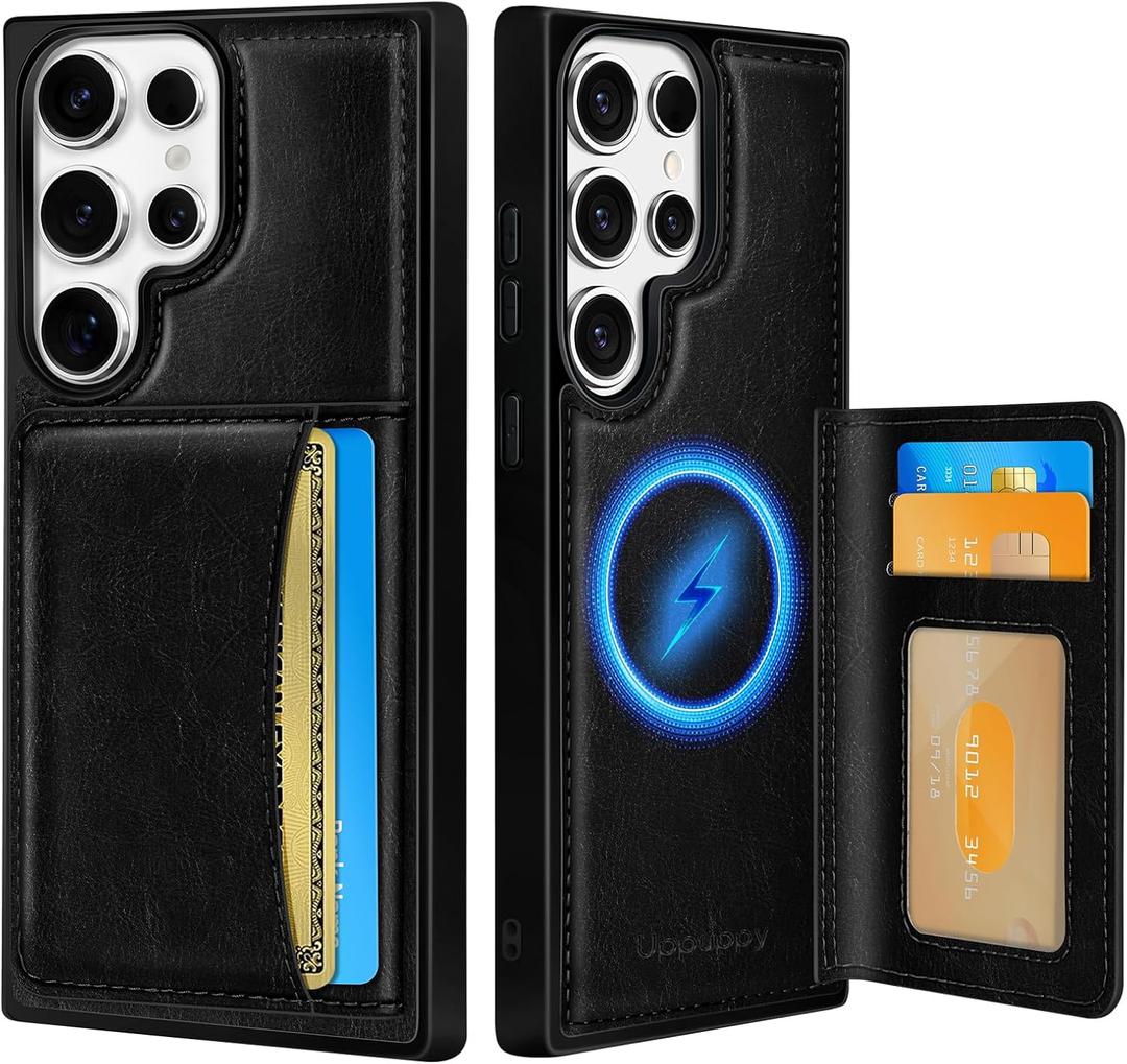 Uppuppy for Samsung Galaxy S23 Ultra Case with Wallet - Fits 4 Card Slots, Compatible with MagSafe for Women Men Durable PU Leather Credit Card Holder Kickstand Phone Cover for Samsung S23 Ultra,Black