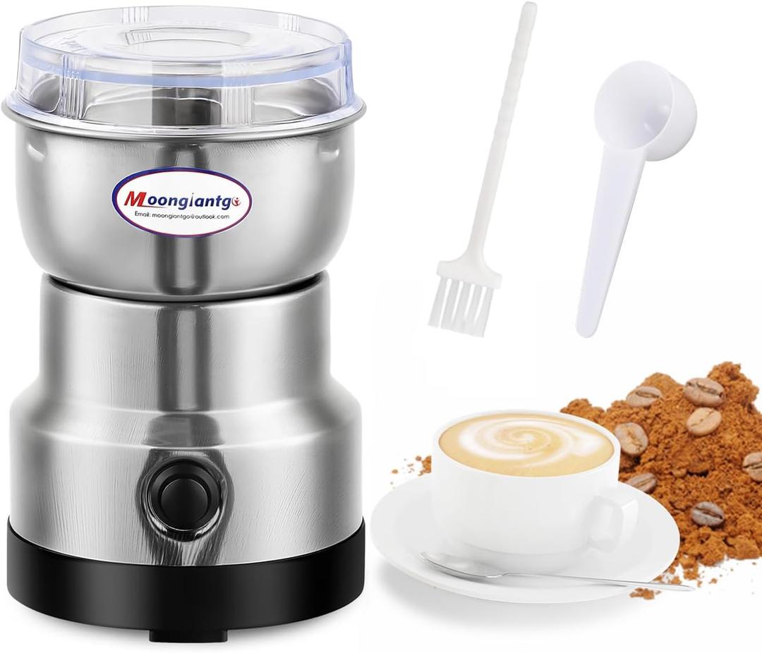 Moongiantgo Coffee Grinder Electric, Mini Spice Grinder, 200W 10s Fast Grinding, Dry Grain Mill for Spices Seeds Rice Beans Seasonings, with Replacment Stainless Steel Blade (Silver, 110V) (Silver)
