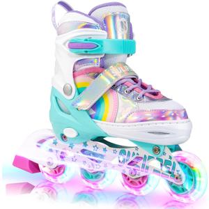 SULIFEEL Rainbow Unicorn Inline Skates for Girls Boys 4 Size Adjustable Light up Wheels Skates for Kids Beginner (Medium - Big Kid)