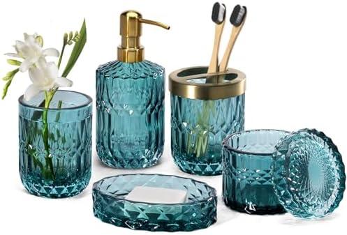 EMPO 6PCS Bathroom Clear Glass Accessories Set (Lotion Soap Dispenser, Soap Dish, Toothbrush Holder, Tumbler, Cotton Swab Jar), Contemporary Modern Decor Crystal Vintage Gift (6pcs Ocean Teal Blue)