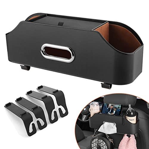 HALOYIVGO Car Seat Back Organizer - Stylish & Functional Storage for Family Adventures - Cup Holders, Tissue Box & Hooks - Perfect for Kids, Road Trips & Travel (Black), 2 pcs