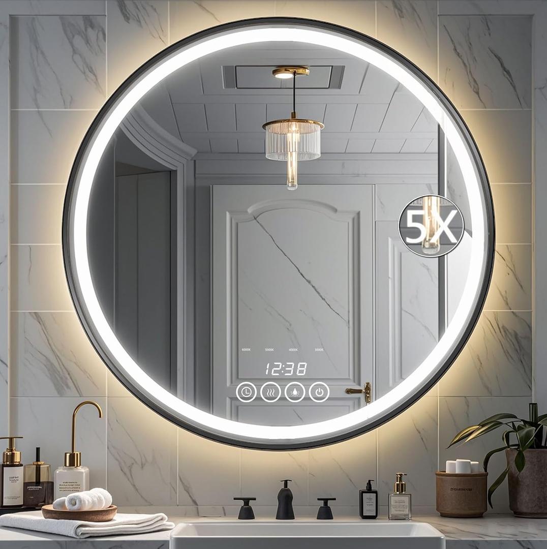 Wall-Mounted Round Bathroom Mirror with LED-Lights - 32 Inch Frame Vanity Mirrors(32" x 32", Black) (32"L x 32"W)