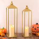 22'' 19'' Large Lanterns Decorative Outdoor Indoor, Set of 2 Gold Metal Candle Lantern Modern Farmhouse Floor Lanterns Decorative for Mantle, Patio, Porch, Garden, Home Decor