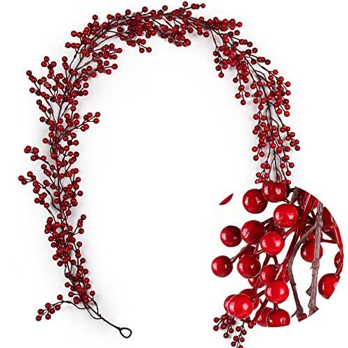 RECUTMS Red Berry Garland Christmas Decoration 5.9Ft Holiday Garland Artificial Berry Garlands with Bendable Stems Christmas Fireplace Decoration Banister(Red Berry)