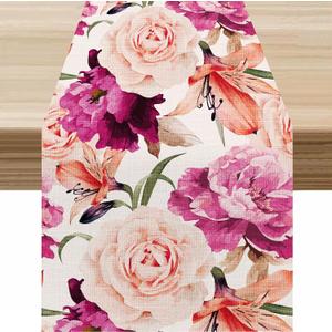 Pink Floral Table Runner, Watercolour Nature Pastel Beautiful Botanical Flower Art Table Decor Table Top Dining Kitchen Wedding Party 13x36 in