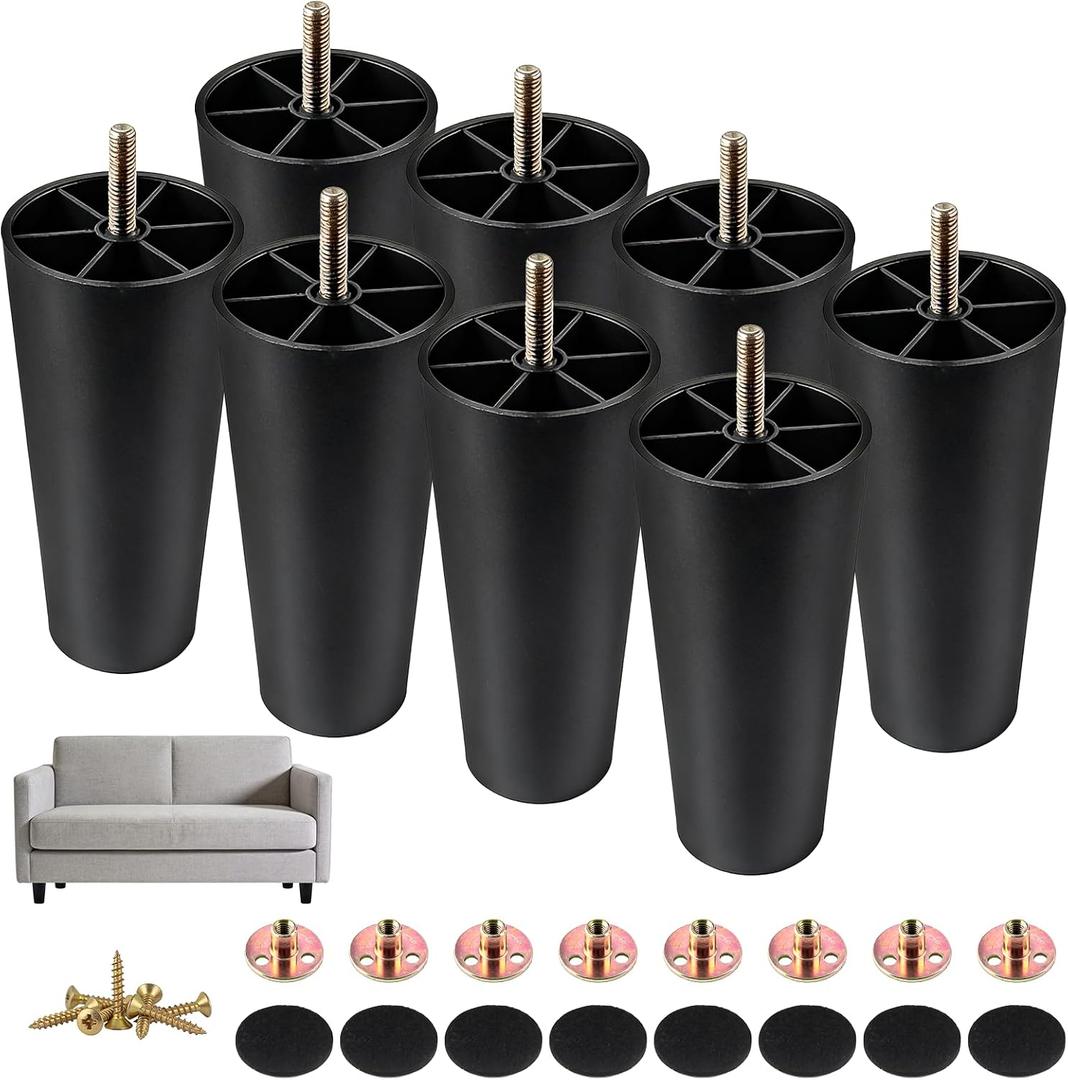 8 Pack 6 Inch Furniture Legs Heavy Duty Plastic with M8 T-Nuts & Screws for Sofa, Couch, Chair Legs Replacement, Coffee Tables, Beds, Dressers