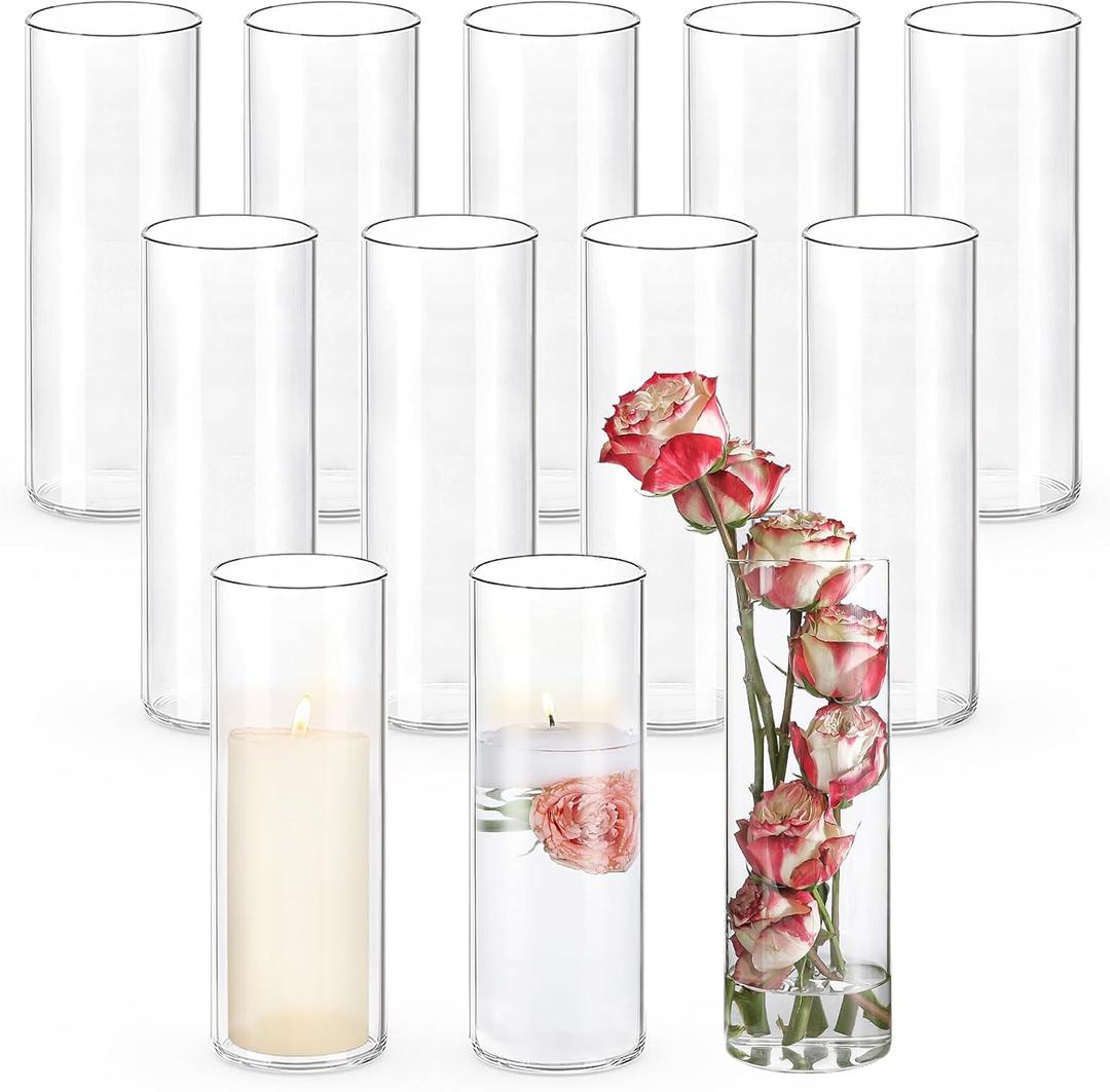 UPBUD 12pcs Glass Cylinder Vases for Centerpieces | 10 Inch Tall Flower Vase for Wedding Decorations, Floating Candle Holders for Dinner Table, Bridal Shower, Office Home Dcor