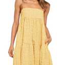 Wenrine Women's Summer Plaid Mini Dress Casual Spaghetti Strap Sleeveless A Line Beach Sundress with Pockets Yellow Small