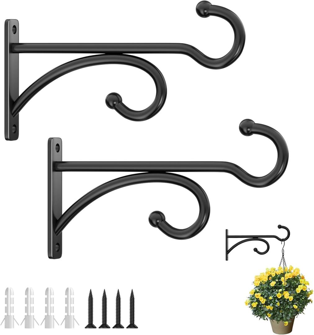 6" Plant Hanger Hooks Outdoor Indoor Planter Hooks, Wall Mounts for Hanging Plants, Baskets, Wind Chimes, Bird Feeders, Lanterns, Bird Houses (Black Metal, 2-Pack)
