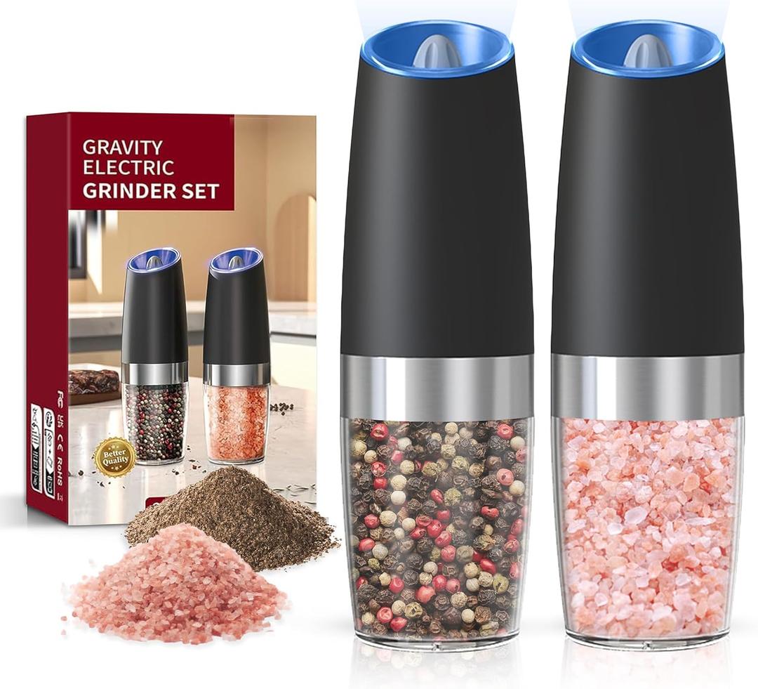 Battery Operated Salt And Pepper Grinder Set with LED Light, Automatic Electric Gravity Salt And Pepper Shakers Set, Each 4 AAA Batteries Needed, Adjustable Roughness, 2 Pack (Black)