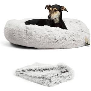 Best Friends by Sheri Bundle Set The Original Calming Shag Donut Cuddler Cat and Dog Bed + Pet Throw Blanket, Frost, Large, 36x36 (36.0"L x 36.0"W x 9.0"Th, Frost Shag)
