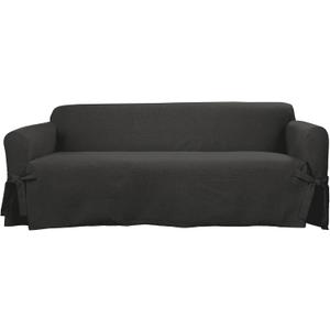 SureFit Farmhouse Basketweave One Piece Slipcover with Ties and Cinched Seat Elastic, Sofa Cover (Charcoal)