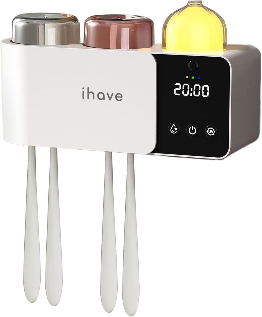 iHave Toothbrush Holders with UV Toothbrush Sanitizer, Aromatherapy Diffuser & IR Night Light - 4-Hour Smart Cruise Disinfection, Auxiliary Combo Drying - Wall-Mounted Bathroom Organizer with 2 Cups (White 2 Cup)