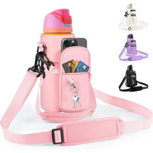 Water Bottle Carrier Bag with Strap for Owala FreeSip 24/32oz with Detachable Phone Pocket for Owala Accessories 24/32oz Water Bottle Sleeve for Walking Camping Gym (Pink)