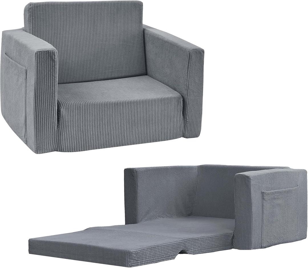 Kids Folding Couch Foam Filled Lounge Toddler Chair Boys Cuddly Corduroy Comfy Bean Bag Chair Couch for Boys and Girls Dark Grey One Size