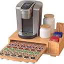 Bamboo Keurig Pod Organizer, Large 36 K-Cup Capacity Aesthetic Under Machine K-Cup Storage Drawer, Space-Saving Keurig Stand With Storage, 3 Slots For Tea & Spoons, Fits Keurig Brewers
