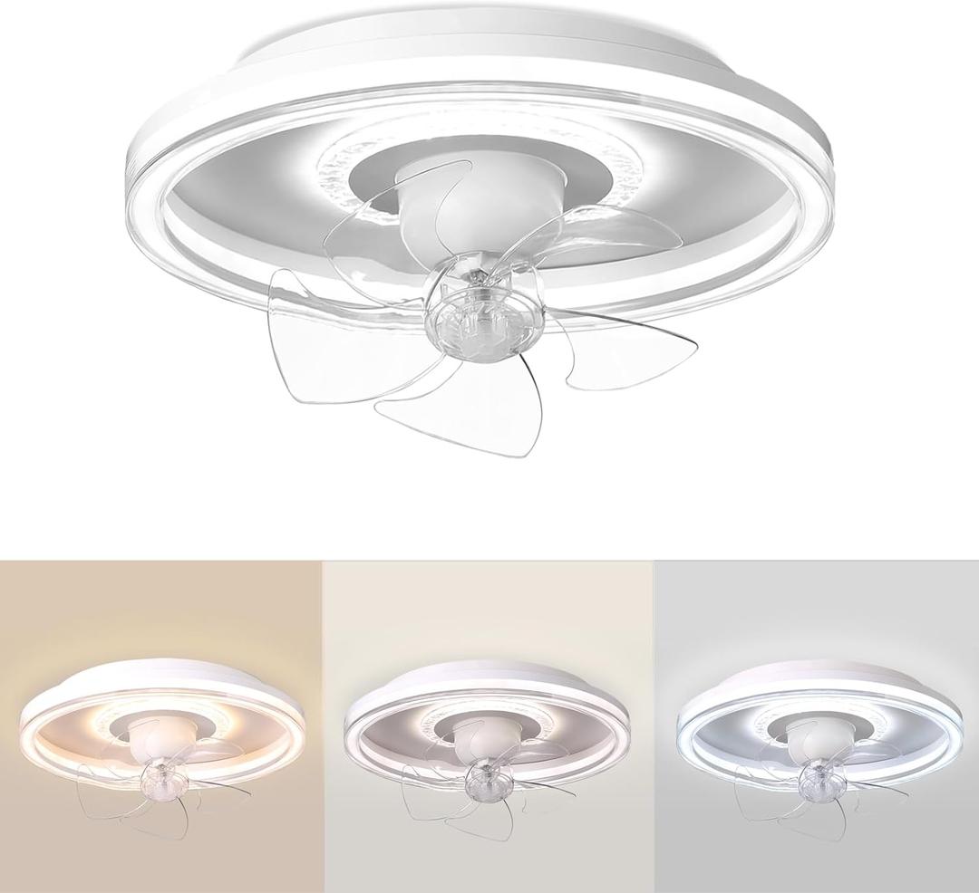 Low Profile Ceiling Fans with Lights and Remote, 20" Ceiling Fan Flush Mount, Modern White Ceiling Fan with Dimmable LED Light for Bedroom