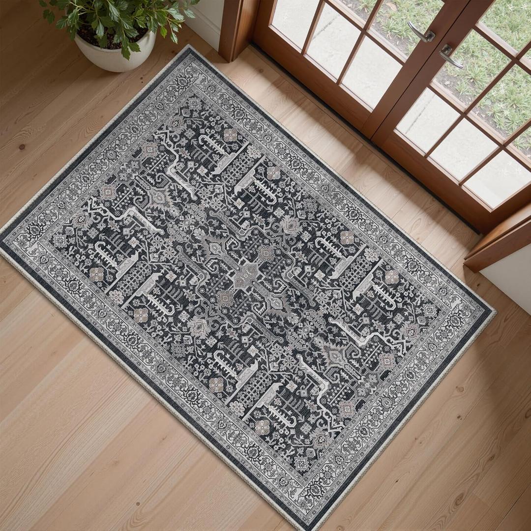 Washable 2x3 Entryway Area Rug - Small Non Slip Vintage Kitchen Runner Rugs Indoor Entrance Soft Neutral Stain Resistant Bathroom Mat Farmhouse Carpet for Bedroom Living Room Entry Laundry 2'x3' Black