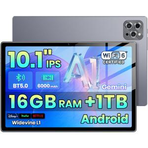 2026 Android 15 Tablet with Gemini AI,16GB+1TB Expand, 10.1 inch Tablet,Octa-core CPU, Dual Camera, WiFi6, 6000mAh,Widevine L1,Split Screen,Family & Work,mothers day birthday gift mom her (Gray)