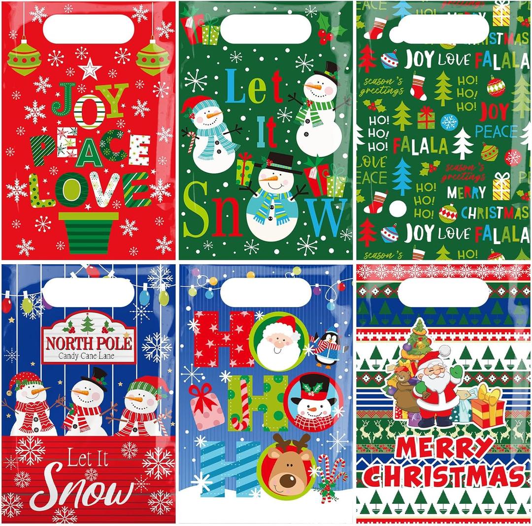 150 Pcs Winter Snowman Goodie Bags with Handles Christmas Plastic Gift Bags Bulk for Winter Party Treat Candy for Holiday Cookie Goody Gift Party Favor Supplies, 6 Styles
