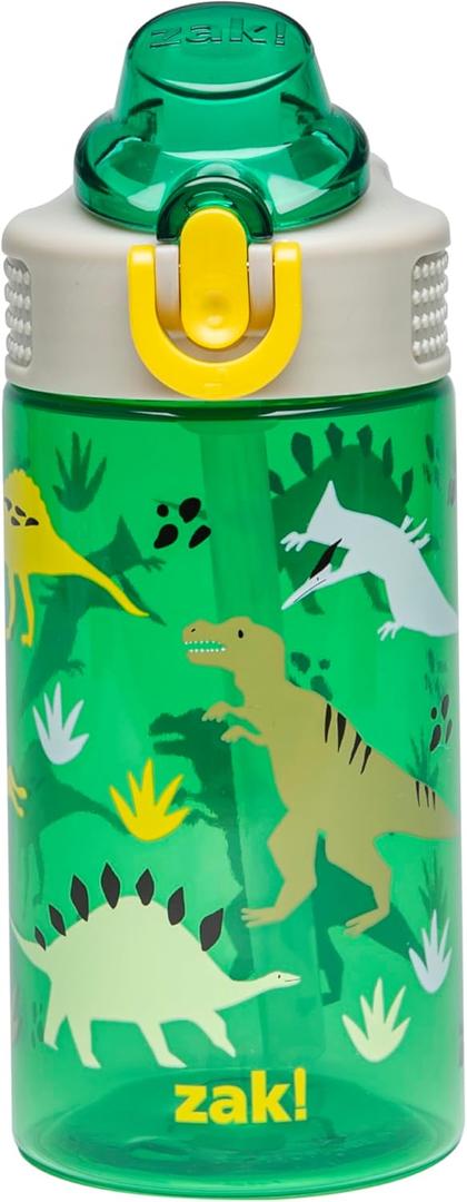 Zak Designs Sage Kids Water Bottle For School, Travel or At Home, 16oz Durable Plastic Water Bottle With Straw, Handle, and Leak-Proof, Pop-Up Spout Cover (Dino) (16 Ounces, Dino)