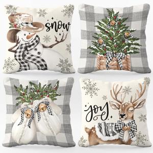 Set of 4 Christmas Pillow Covers 18x18 Inches, Winter Holiday Decorative Throw Pillow Covers, Cute Snowman-Reindeer-Mittens-Eucalyptus Design, Cozy Christmas Decor for Sofa Couch