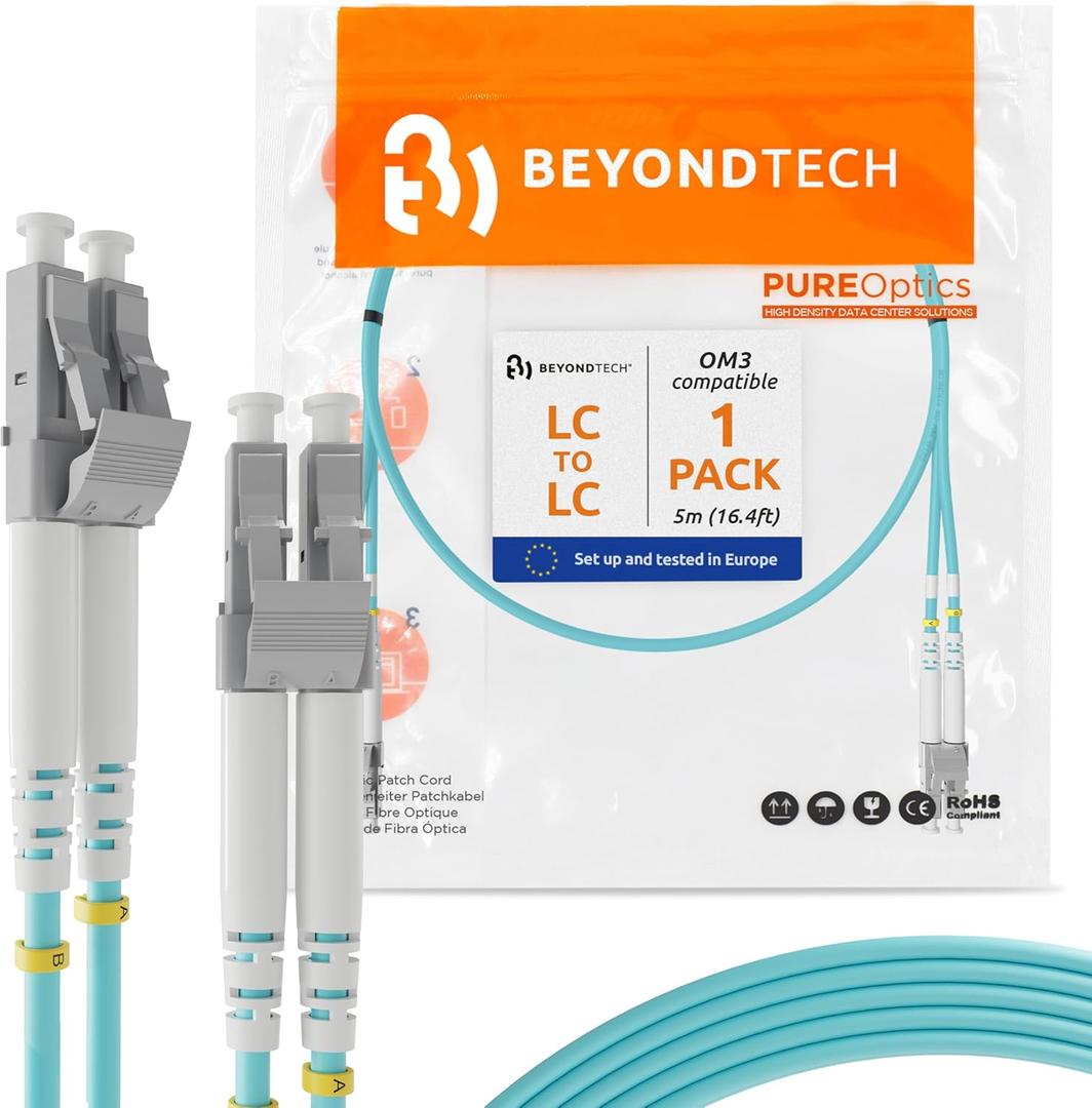 BEYONDTECH 5m (16.4ft) LC to LC Fiber Patch Cable  UPC Multimode Duplex Fiber Optic Cable  50/125m core, Compatible with OM3  10G LSZH PUREOptics Series