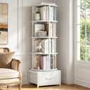 Housolution 5 Tier Rotating Bookshelf Tower, 360° Spinning Book Shelf with Fabric Drawer, Round Revolving Bookcase Organizer, Narrow Swivel Bookshelves Turning Corner Bookshelf for Small Space, White