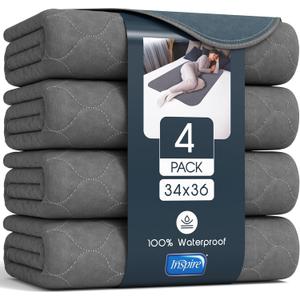 Inspire Underpads | Stain Hiding Gray Reusable Incontinence Bed Pads | Waterproof Mattress Pad | for Adults Babies and Dogs (34 X 36 - 4 Pack)