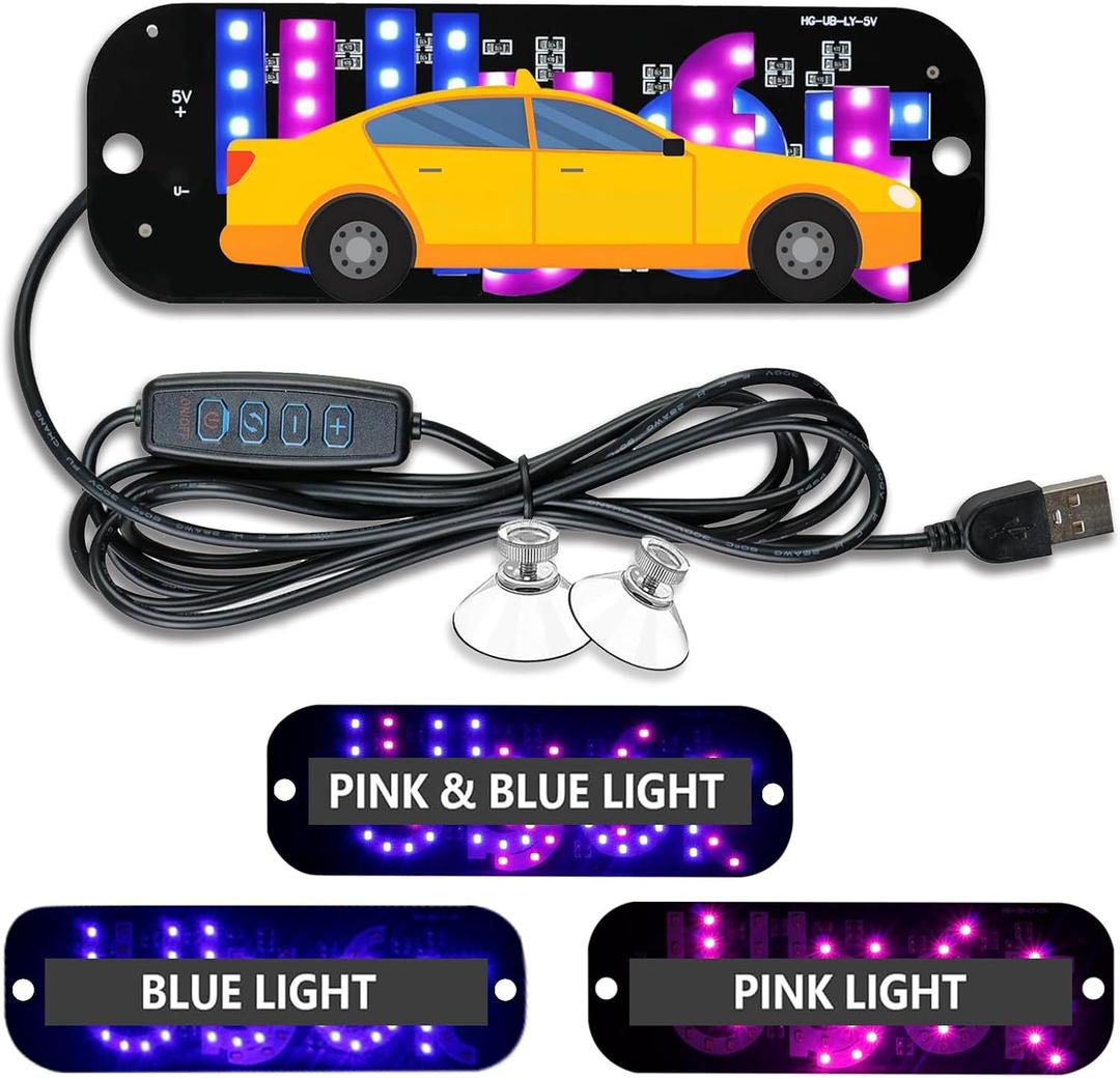 LED Light Sign for Car, USB-Powered Dual-Color LED Car Sign Display with Dual Logo Display, Pink and Blue Lights, Brightness Adjustable, Universal Fit for All Vehicles