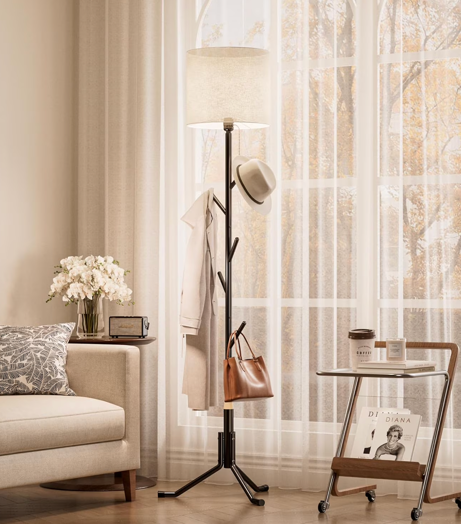 INNOD Coat Rack Freestanding Coat Tree with Floor Light, Metal Tall Entryway Coat Stand with 5 Hooks, Slim Modern Black Coat Hanger for Bedroom, Hallway, Office and Small Spaces